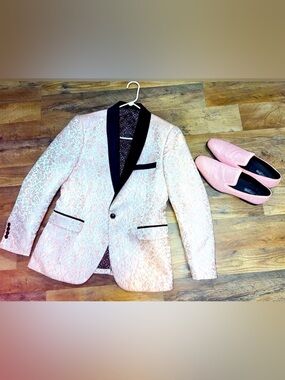 Men's Pink Brocade Blazer with Black Trim